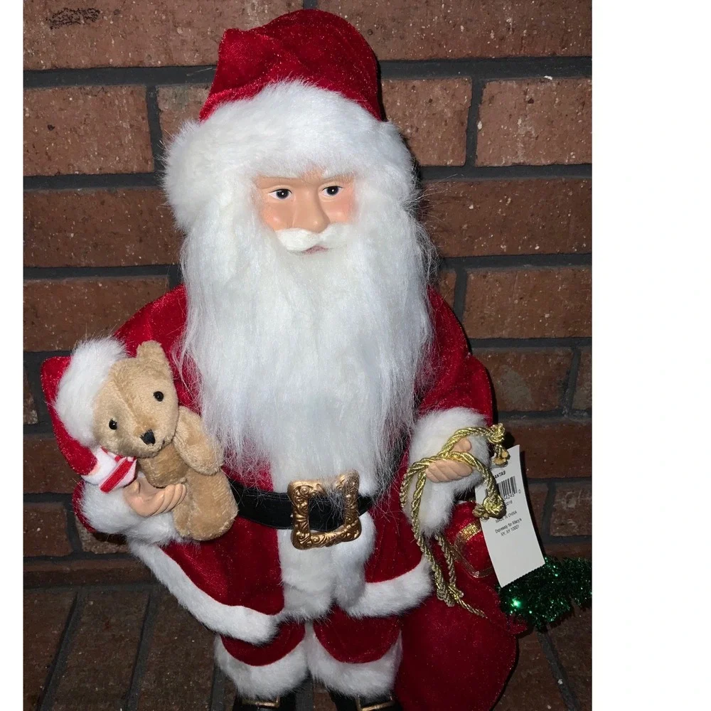 Macy's Traditional Santa Claus Figurine Red Velvet‎ Suit Teddy Bear Toy Bag 18